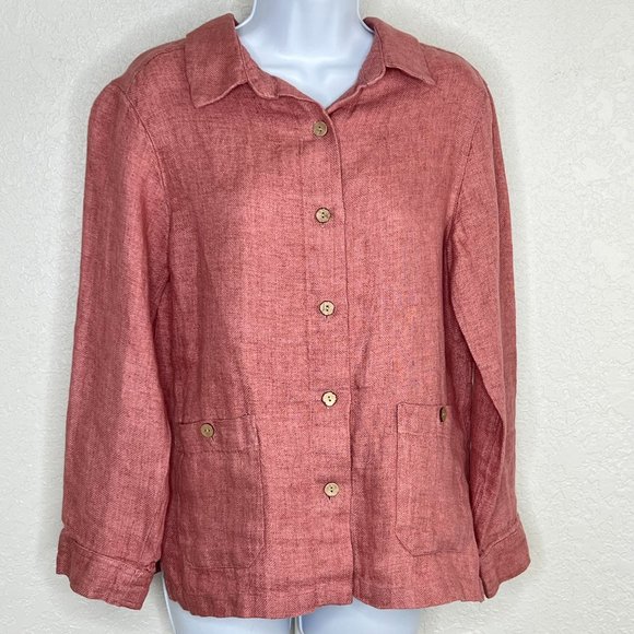 Sigrid Olsen 100% Linen Dusty Rose Button Front Collared Blouse Pockets Small - Picture 1 of 13